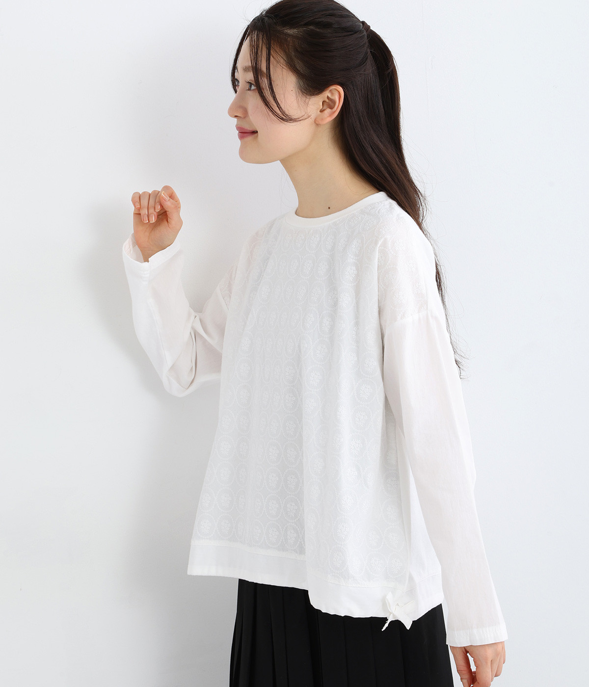 コットン 刺繍ブラウス(ホワイト-ONESIZE)
