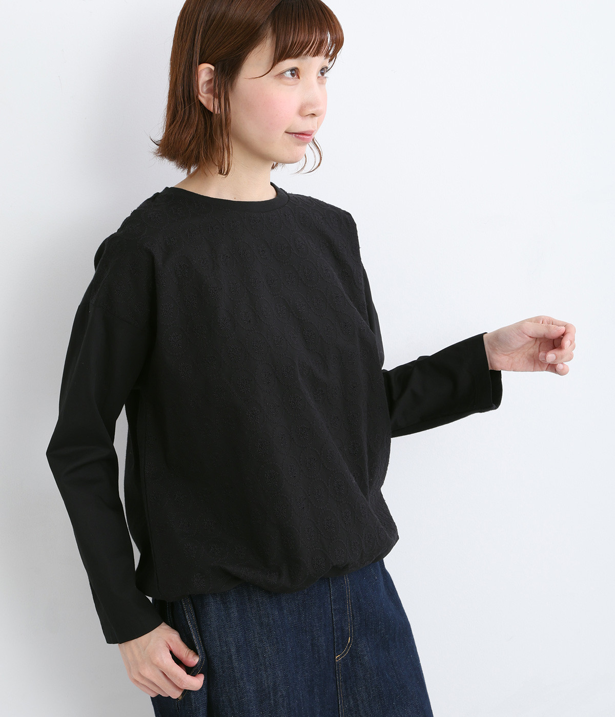 コットン 刺繍ブラウス(ブラック-ONESIZE)