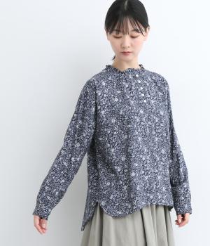 表起毛花柄プリントフリルネックギャザーブラウス(ネイビー-F)
