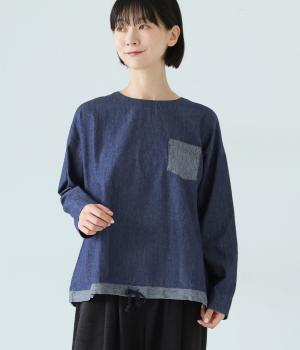胸ポケット付き裾ドロスト紐付きブラウス(ネイビー-F)