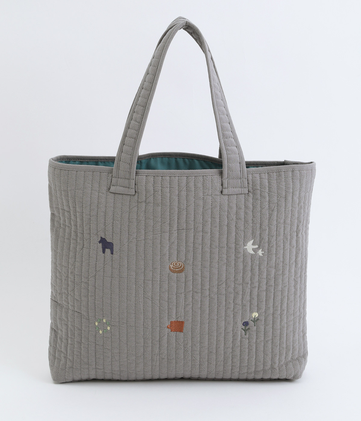 北欧モチーフ刺繍入りキルトバッグ(グレー-ONESIZE)