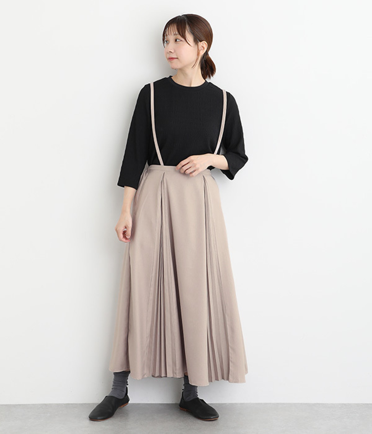 サスペンダー付きプリーツスカート(グレージュ-L)