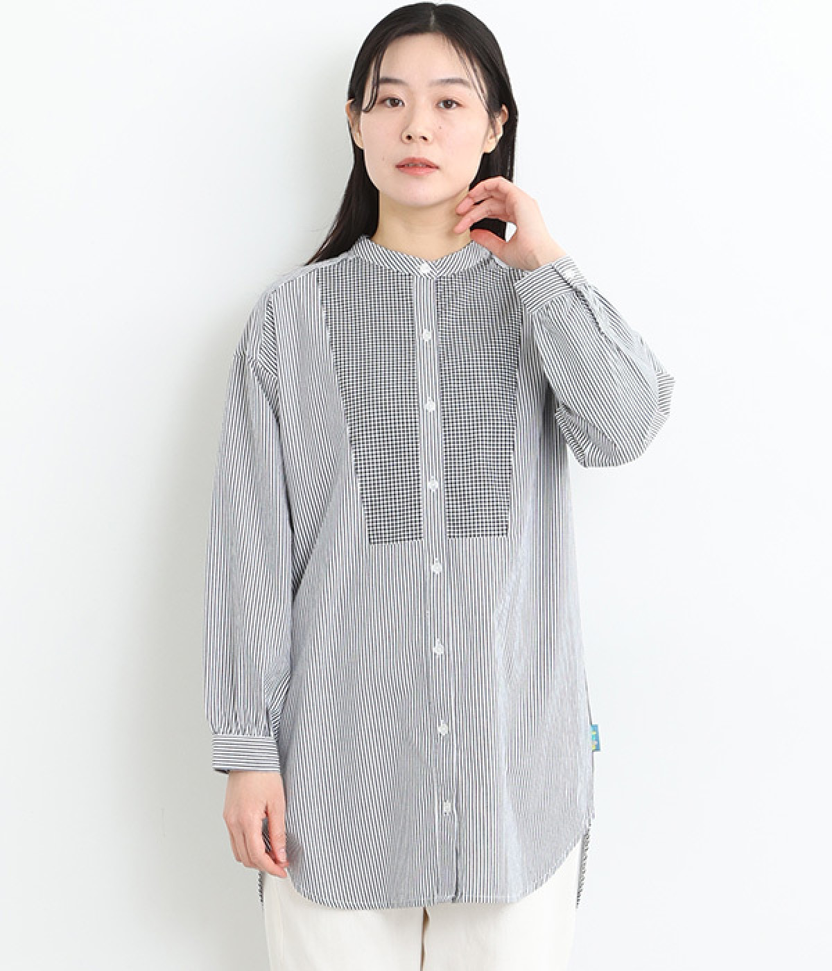ストライプ・ギンガムチェックロングシャツ(オフ×ブラック-L)