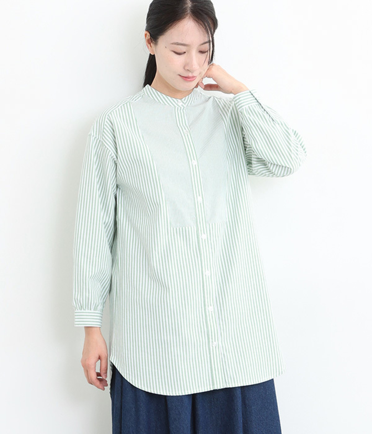 ストライプ・ギンガムチェックロングシャツ(ミント×オフ-L)