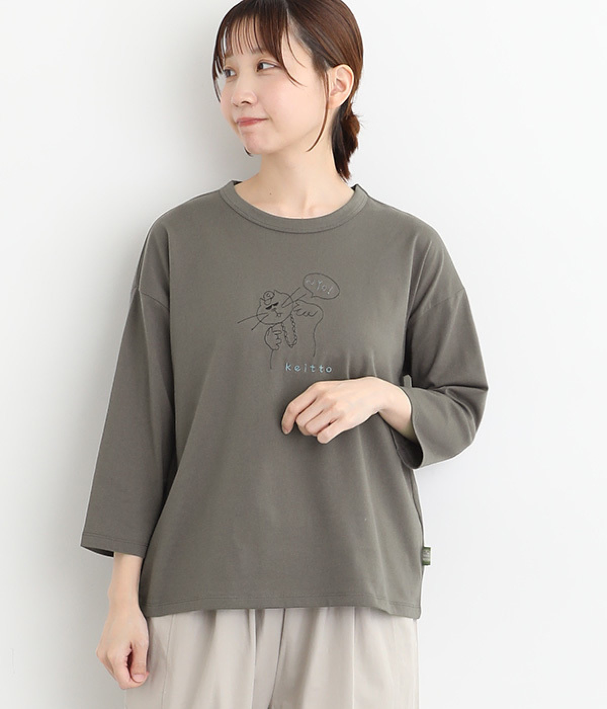 アニマルラップ刺繍カットプルオーバー(チャコール(ネコ)-L)