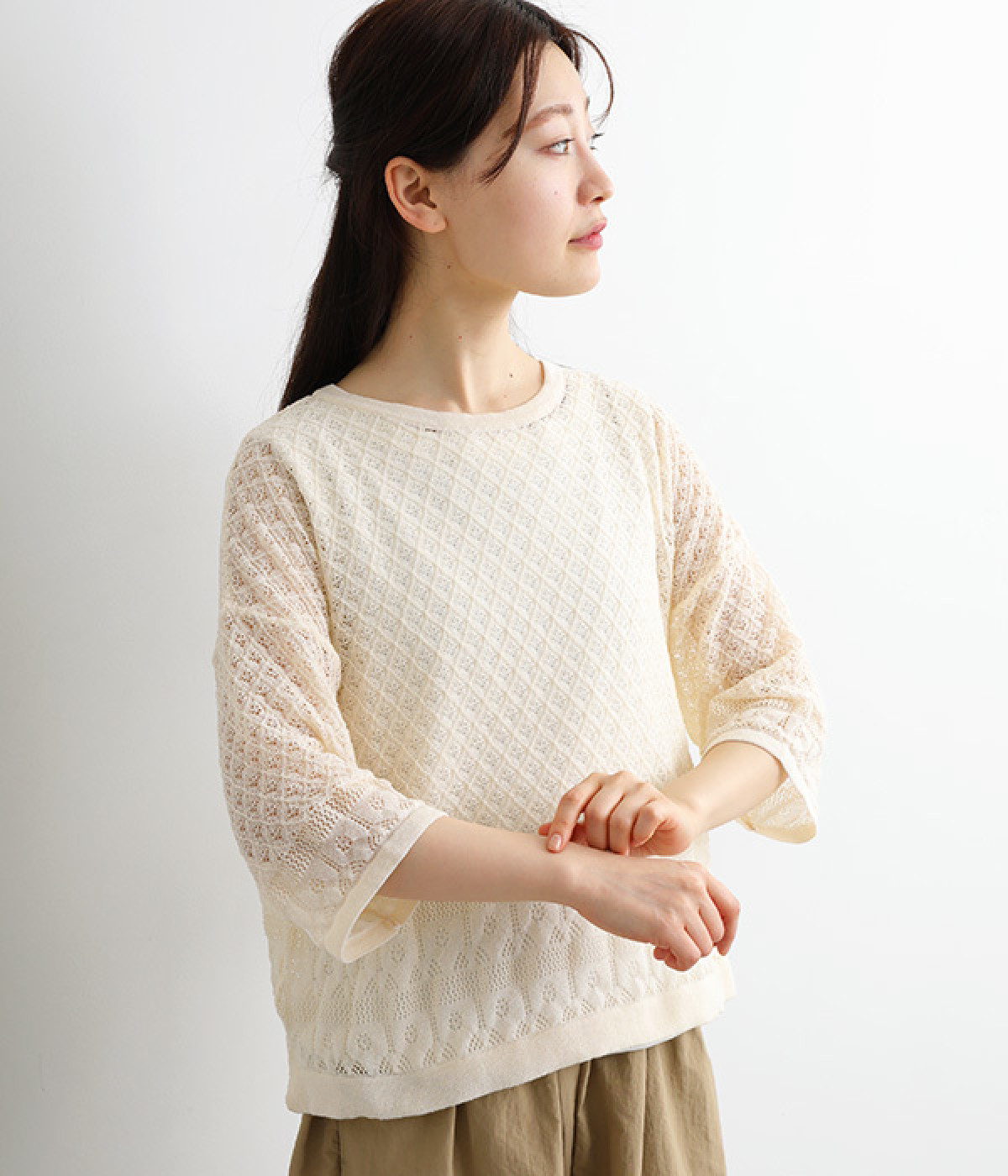透かし編みニットプルオーバー(キナリ-L)
