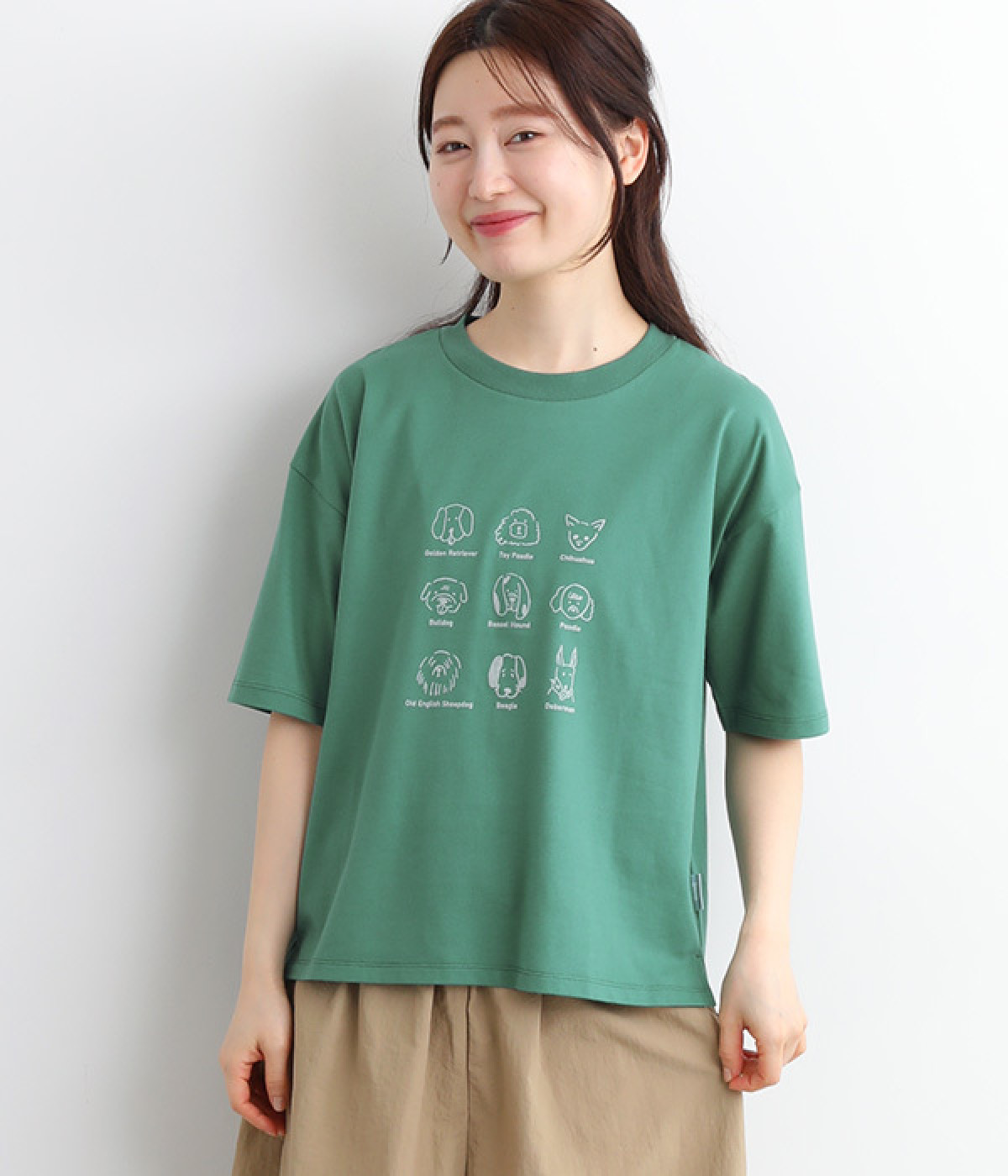 ドッグイラストプリントTシャツ(グリーン/犬図鑑-L)