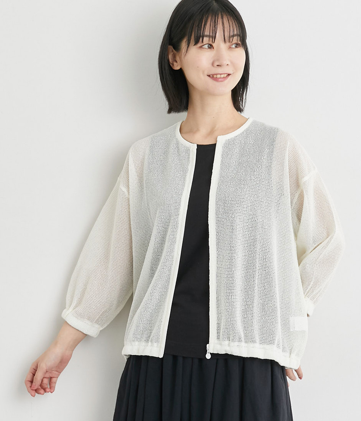 ZIPアップメッシュカーディガン(オフ-L)