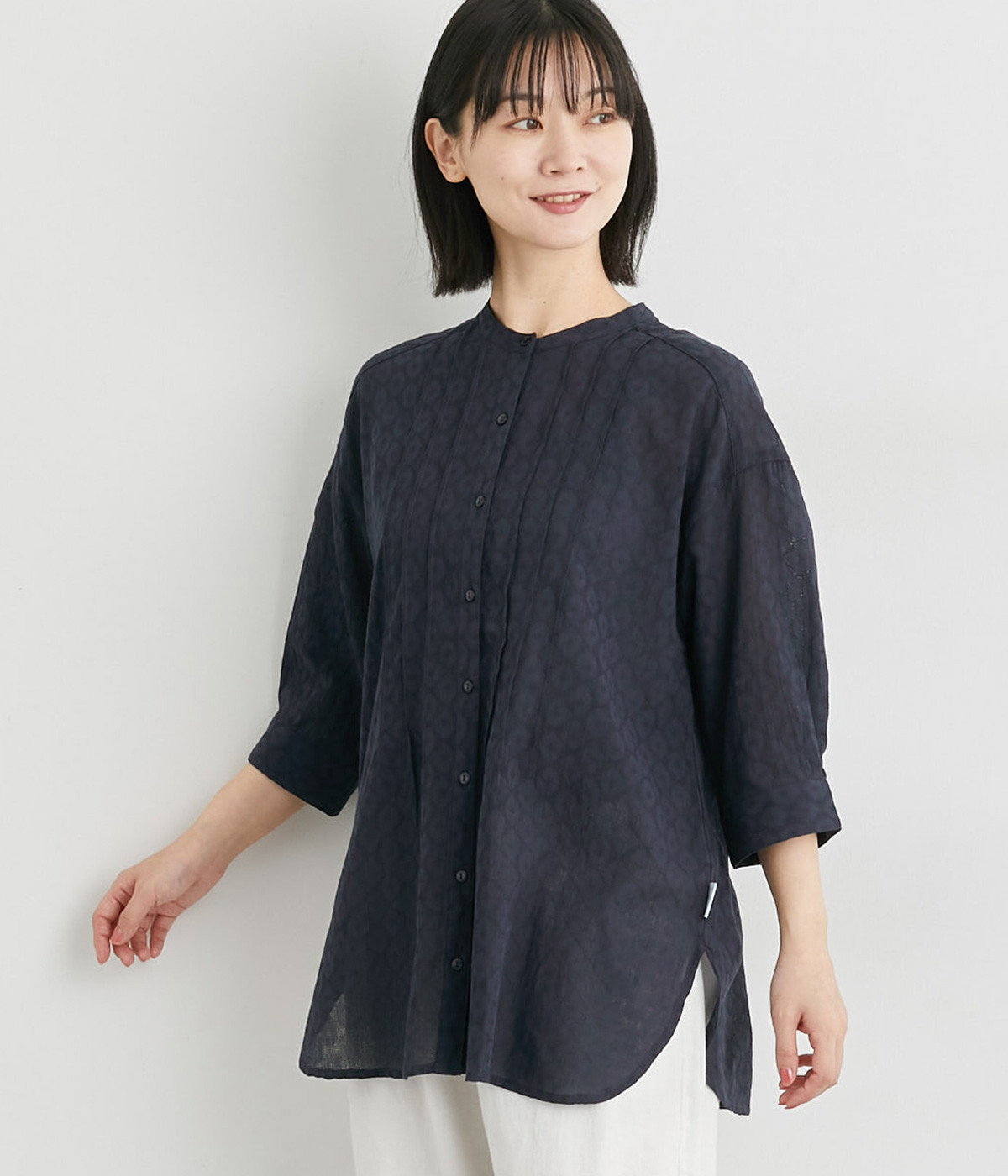あじさいドット柄ロングシャツ(ネイビー-L)