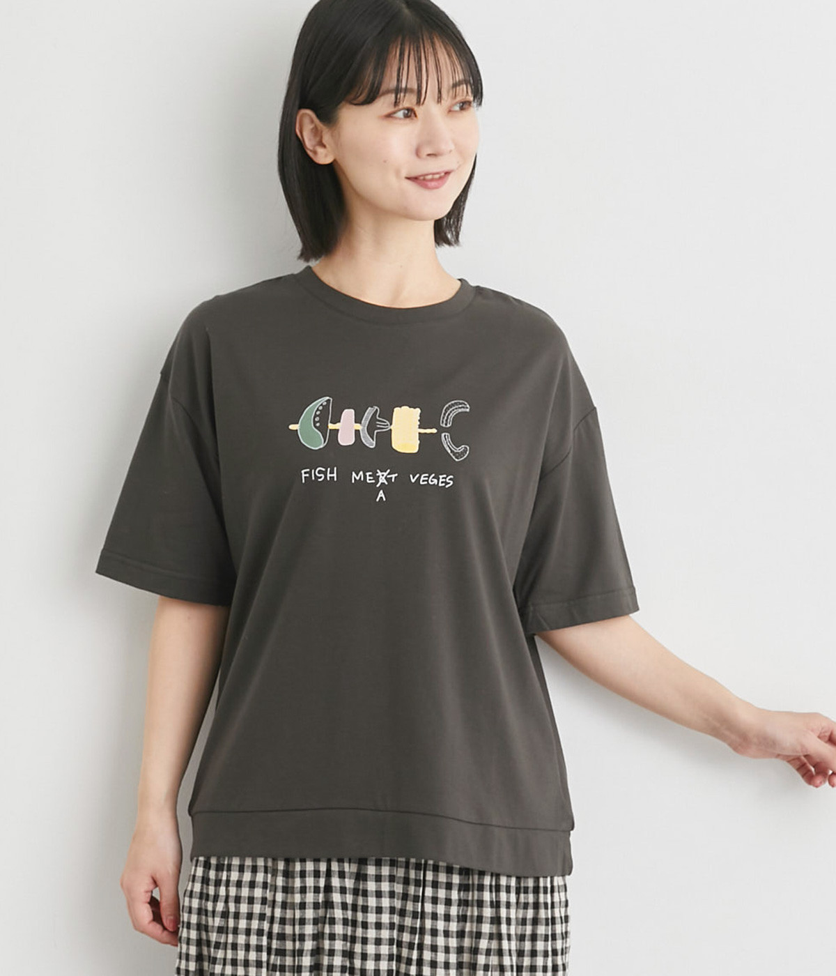 BBQプリントゆったりサイズTシャツ(チャコール-L)