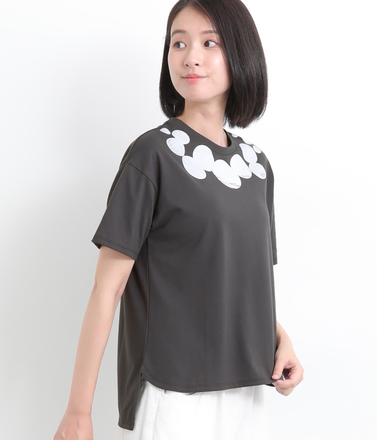 水玉プリントTシャツ(チャコール-L)