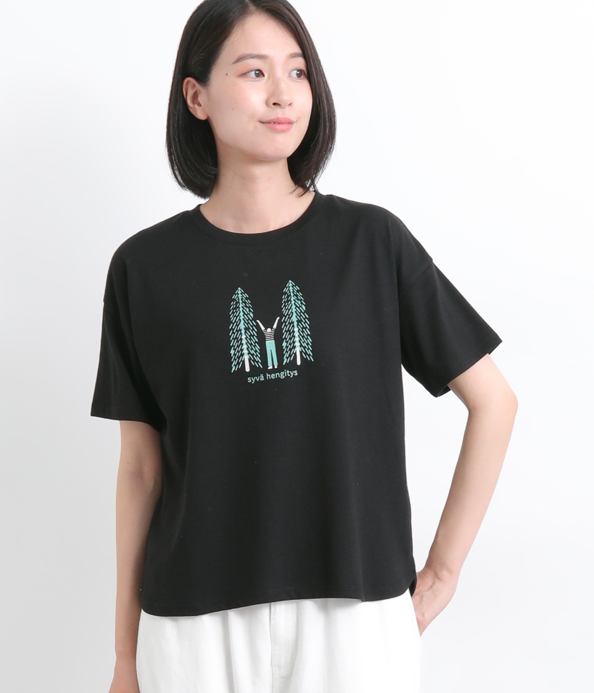 森林深呼吸プリントTシャツ(ブラック/深呼吸-L)
