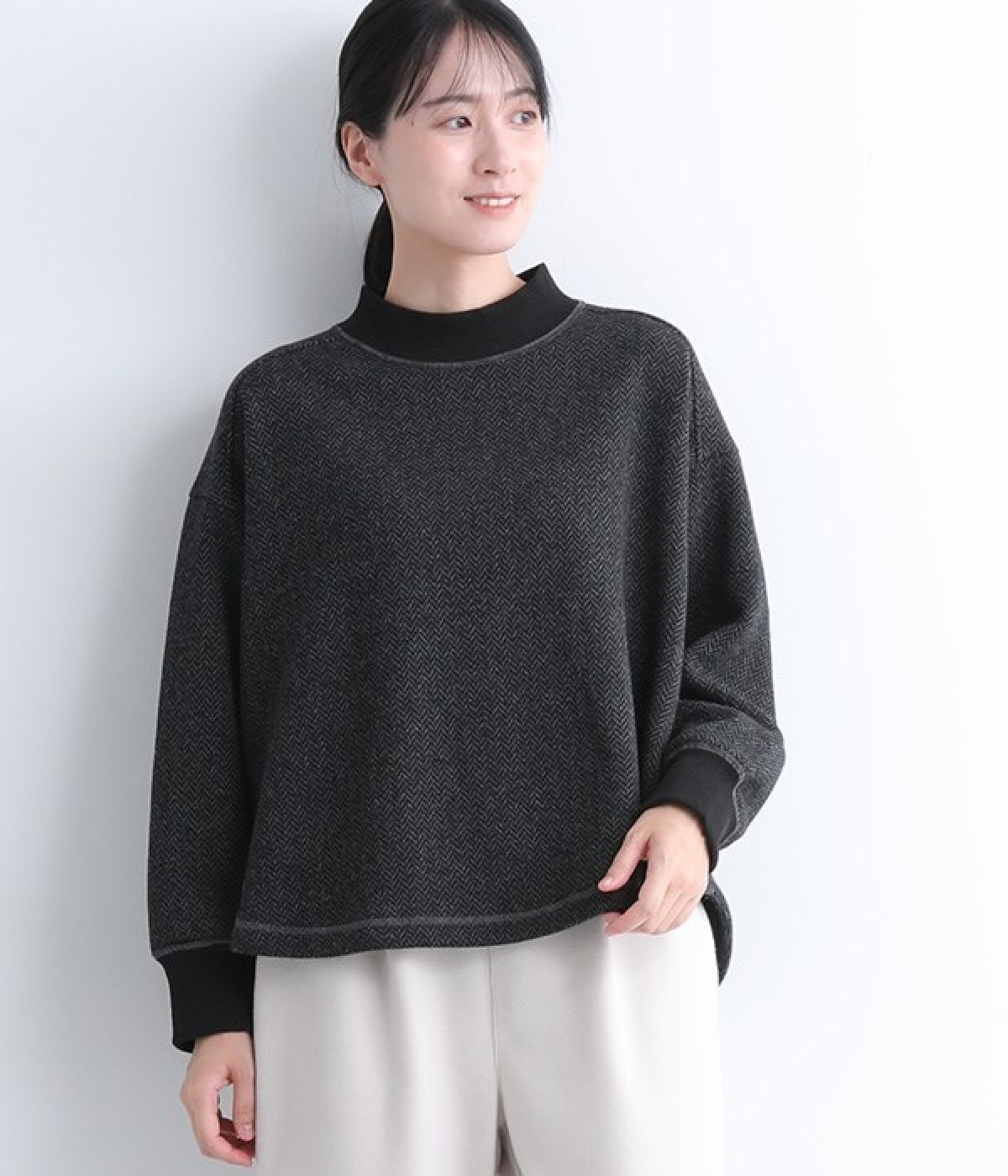 別注｜ヘリンボーン編み裏起毛リブプルオーバー(チャコール-ONESIZE-【コラボ】)