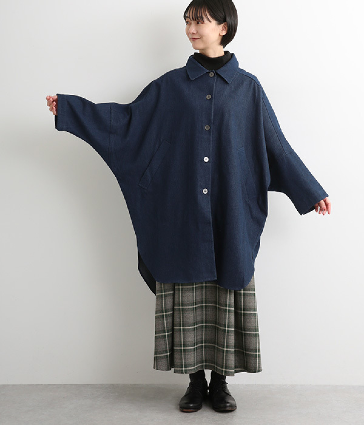 ドルマンステンカラーデニムコート(インディゴネイビー-ONESIZE)