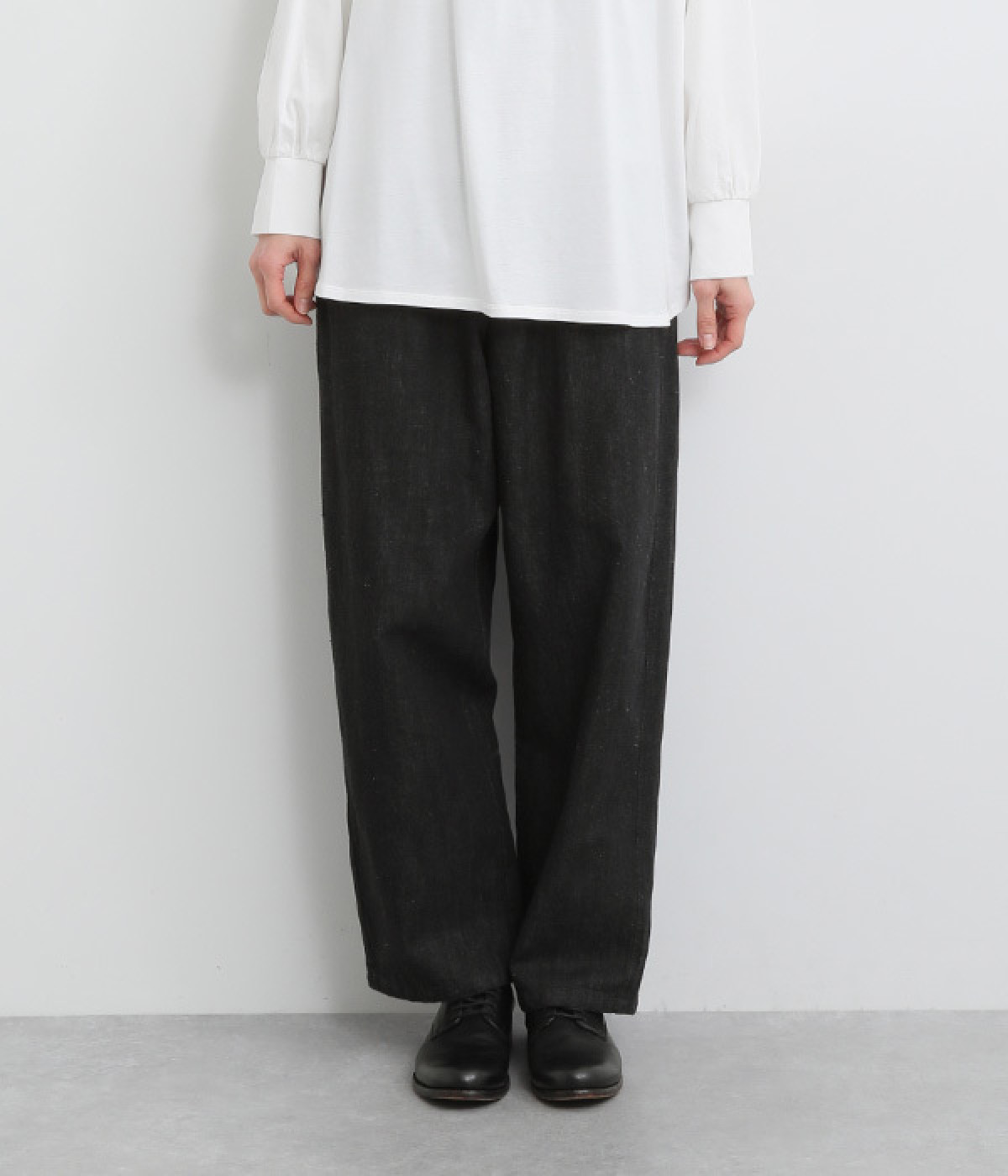 コットンリネンワイドテーパードパンツ(ブラック-L)