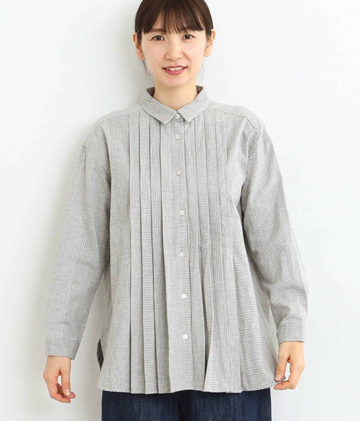 コットンダブルガーゼタックロングシャツ(グレー-L)