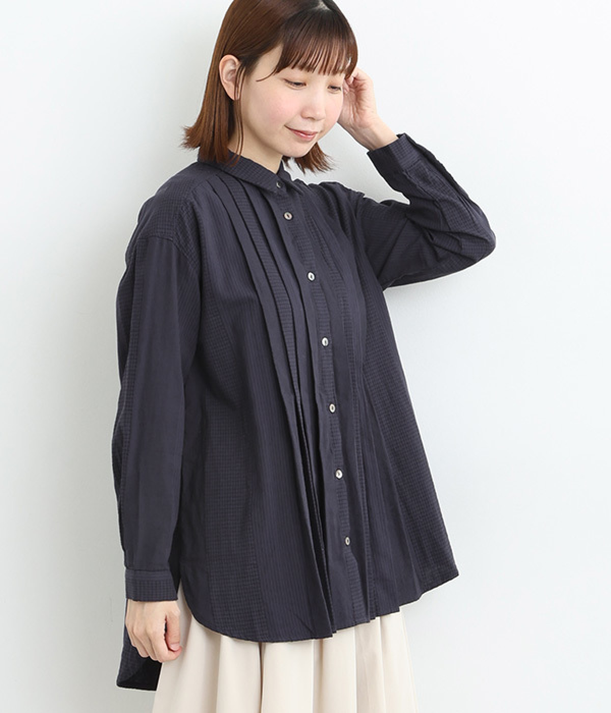 コットンダブルガーゼタックロングシャツ(ネイビー-L)