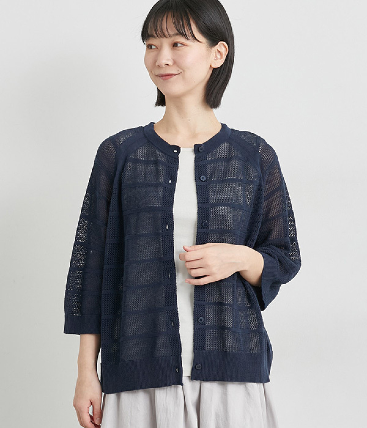 メッシュ編みニットカーディガン(ネイビー-L)