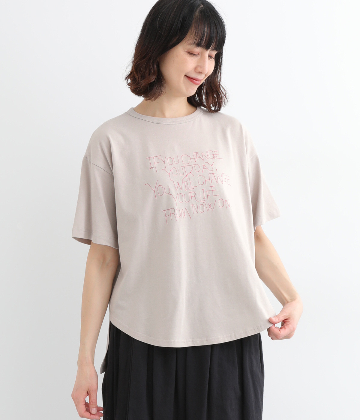 レター刺繍Tシャツ(グレー-L)