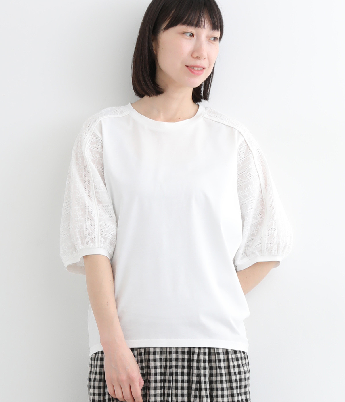 エンブロイダリーコンビTシャツ(オフホワイト-L)