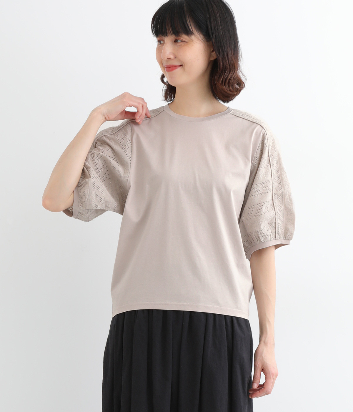 エンブロイダリーコンビTシャツ(グレー-L)