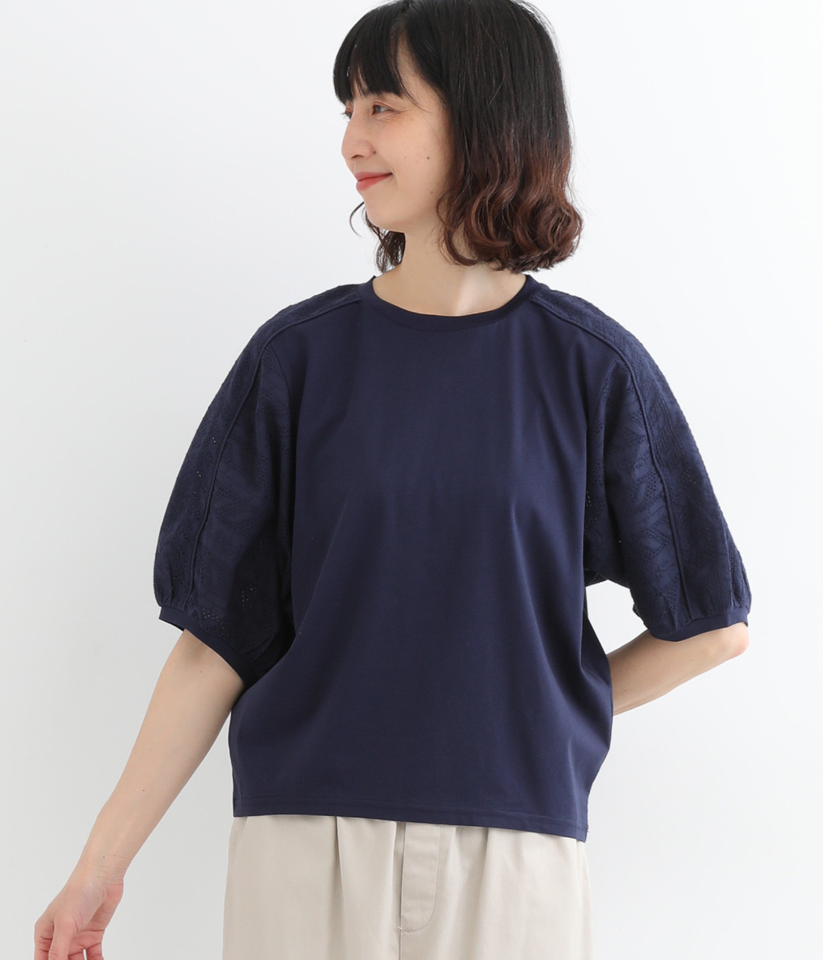 エンブロイダリーコンビTシャツ(ネイビー-L)