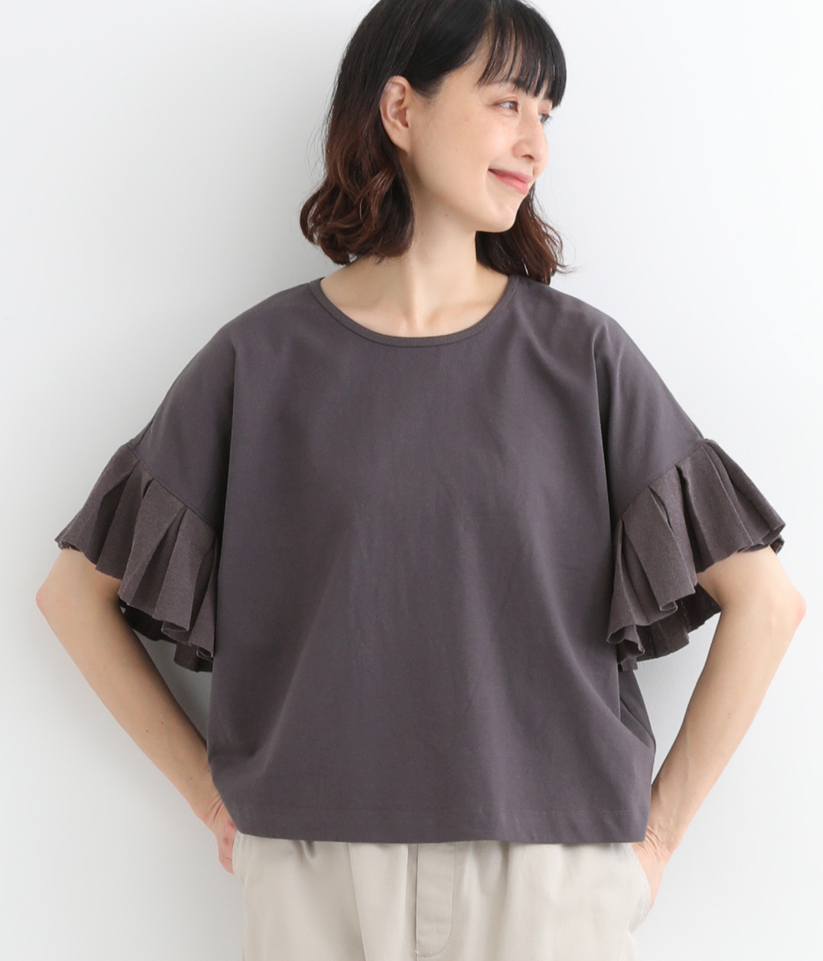 ニットスリーブTシャツ(チャコール-ONESIZE)