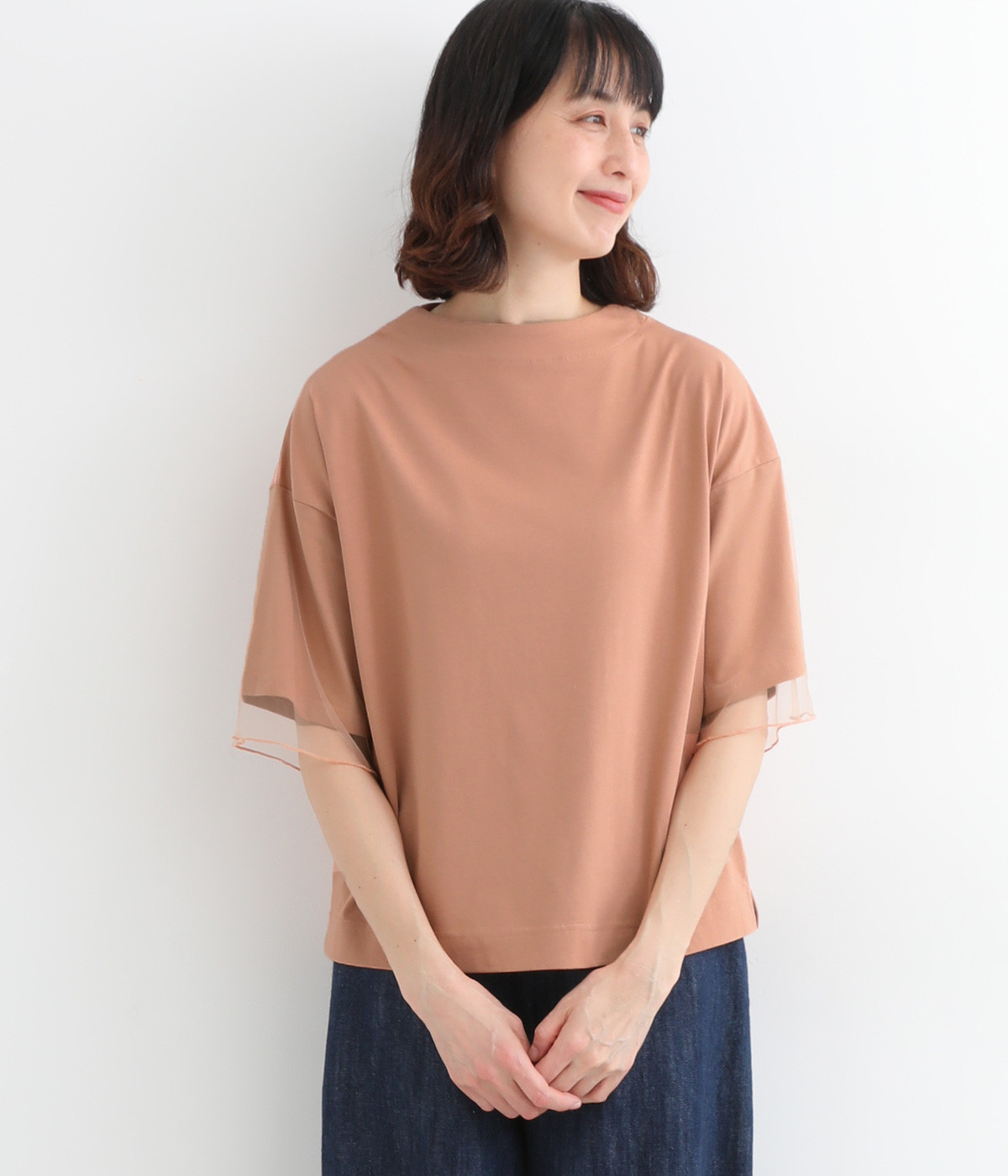 チュールスリーブボトルネックTシャツ(オレンジ-L)