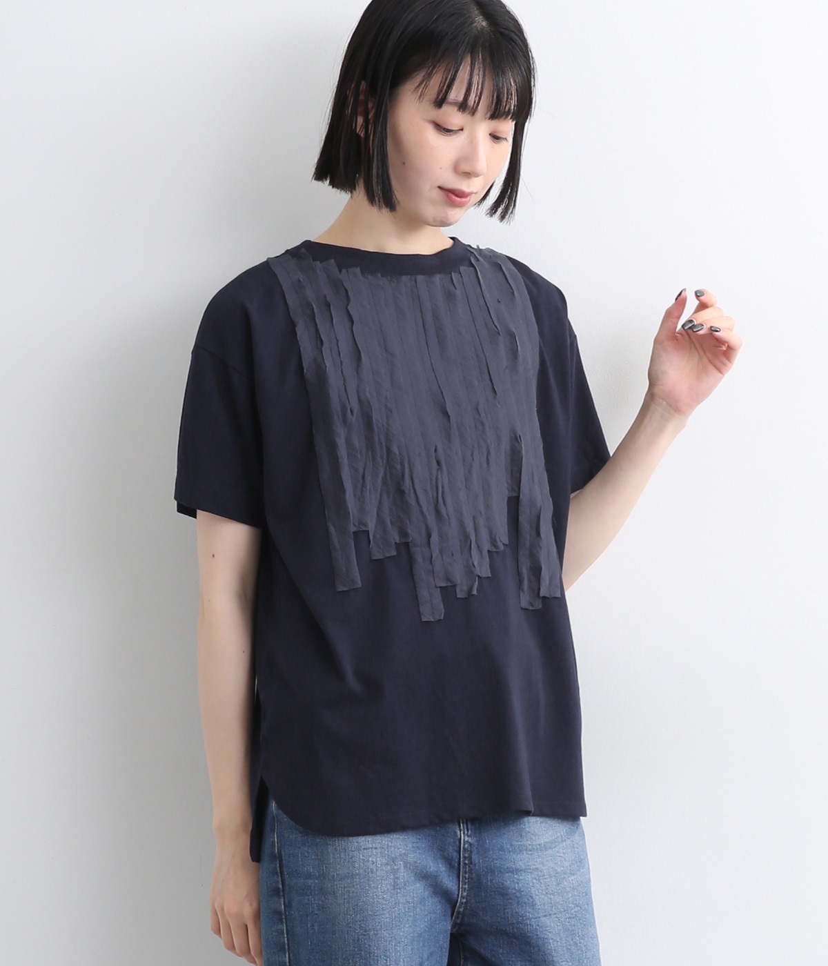 コットンブレンドプレーディング天竺フロントフリルTシャツ(ネイビー-L)