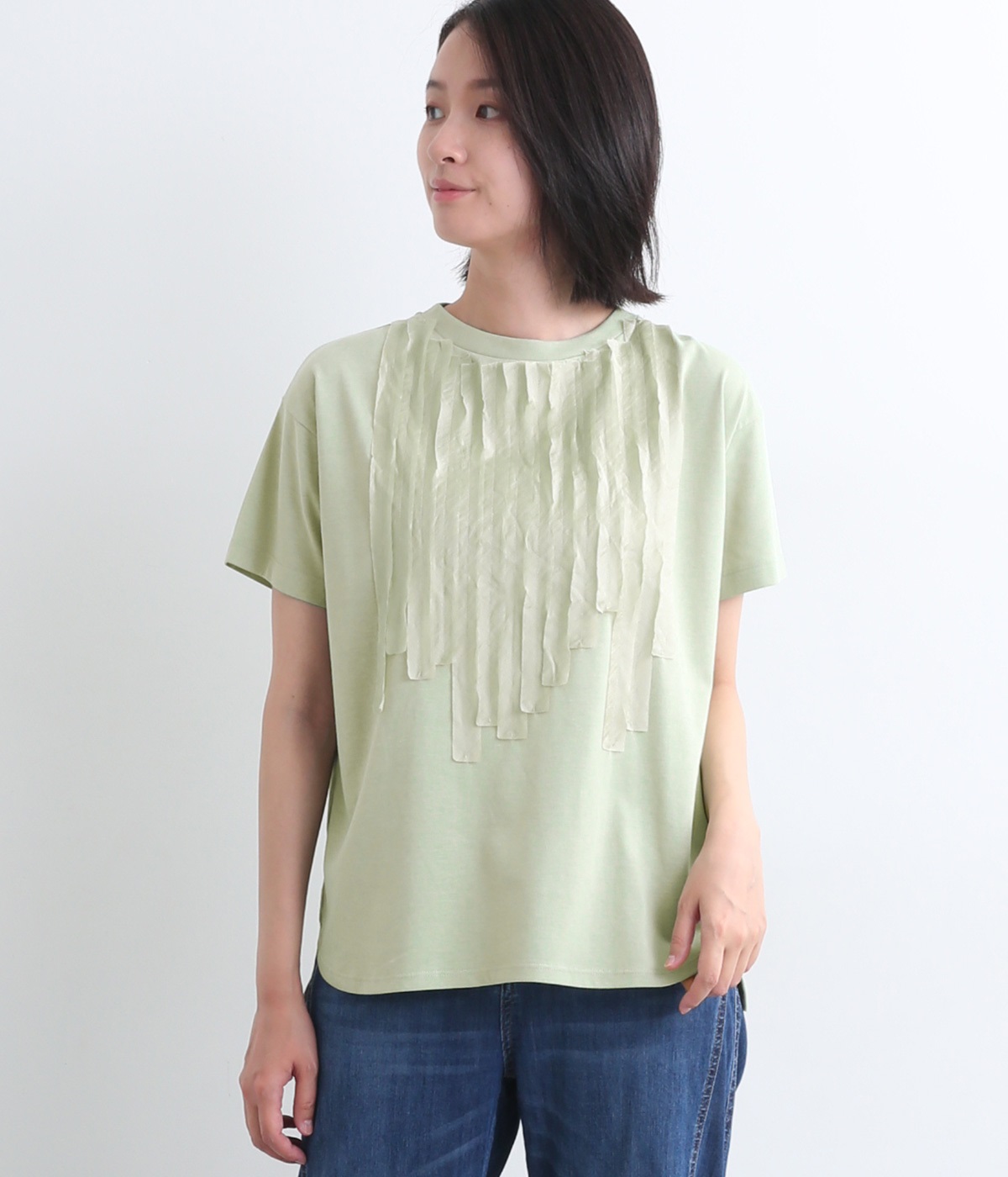 コットンブレンドプレーディング天竺フロントフリルTシャツ(グリーン-L)