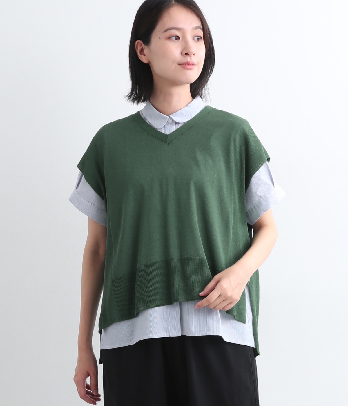 ビスコースナイロン強撚糸ライトVネックベスト(グリーン-ONESIZE)