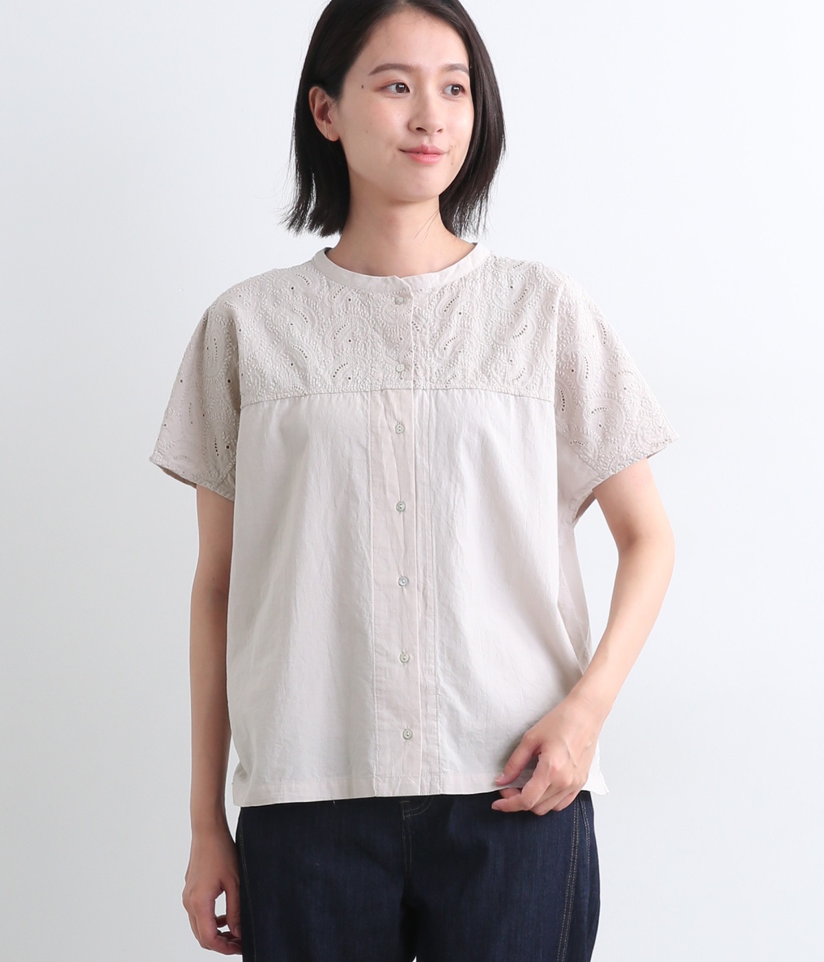 コットンブロードコットンローン刺繍平織りエンブロイダリー2wayブラウス(グレージュ-L)