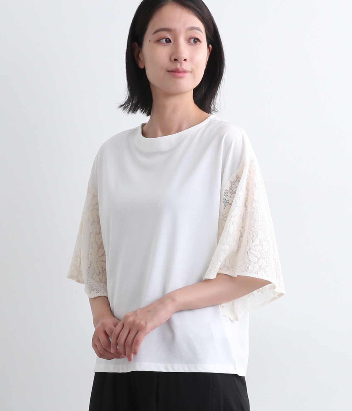 コットン天竺ジャカードレーススリーブTシャツ(オフホワイト-L)