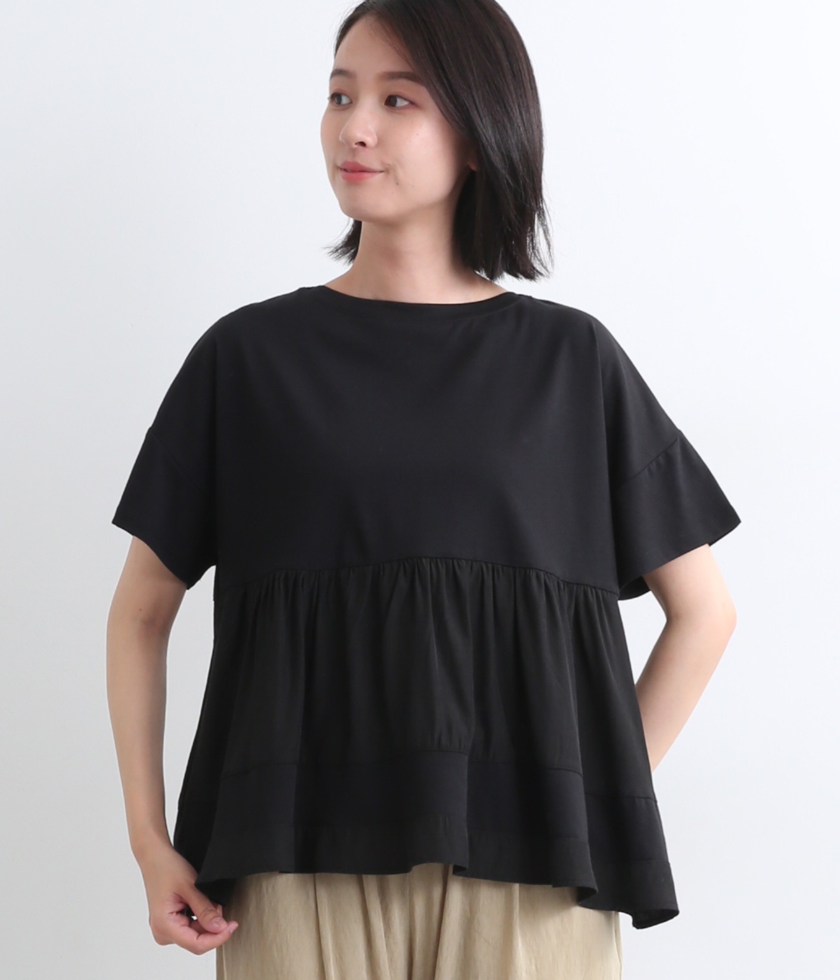 コットン天竺レーヨンMIX平織りギャザー布帛コンビTシャツ(ブラック-ONESIZE)
