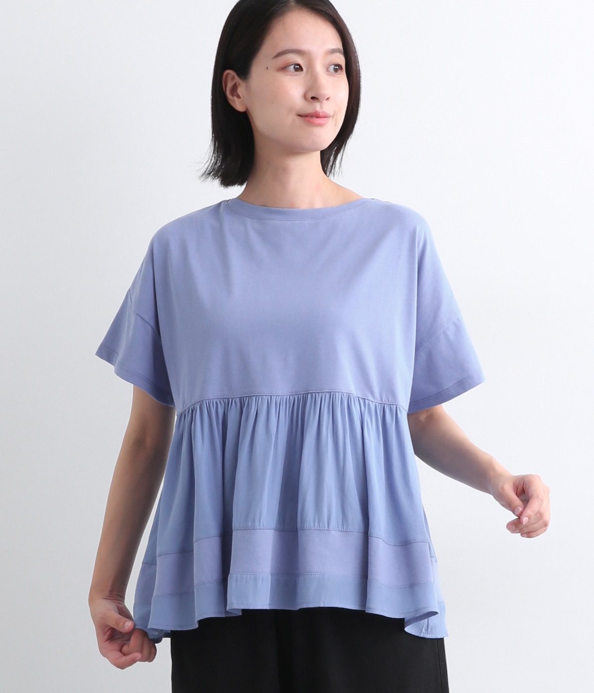 コットン天竺レーヨンMIX平織りギャザー布帛コンビTシャツ(ブルー-ONESIZE)