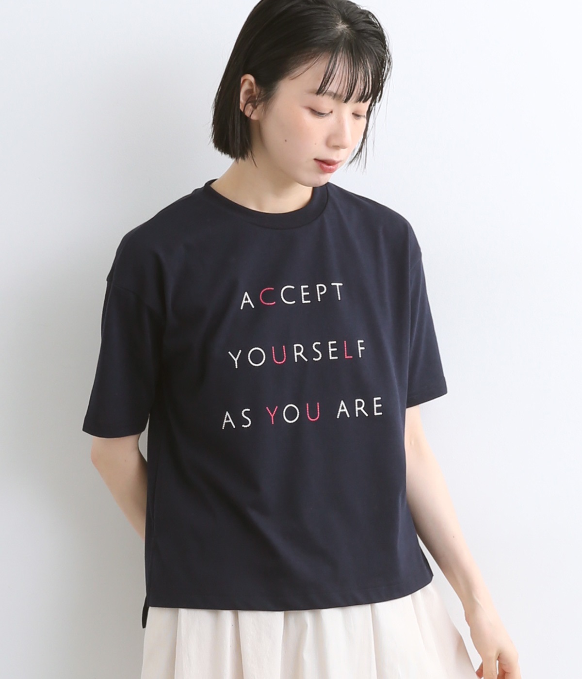 コットンブレンド天竺レタープリントTシャツ(ネイビー-L)