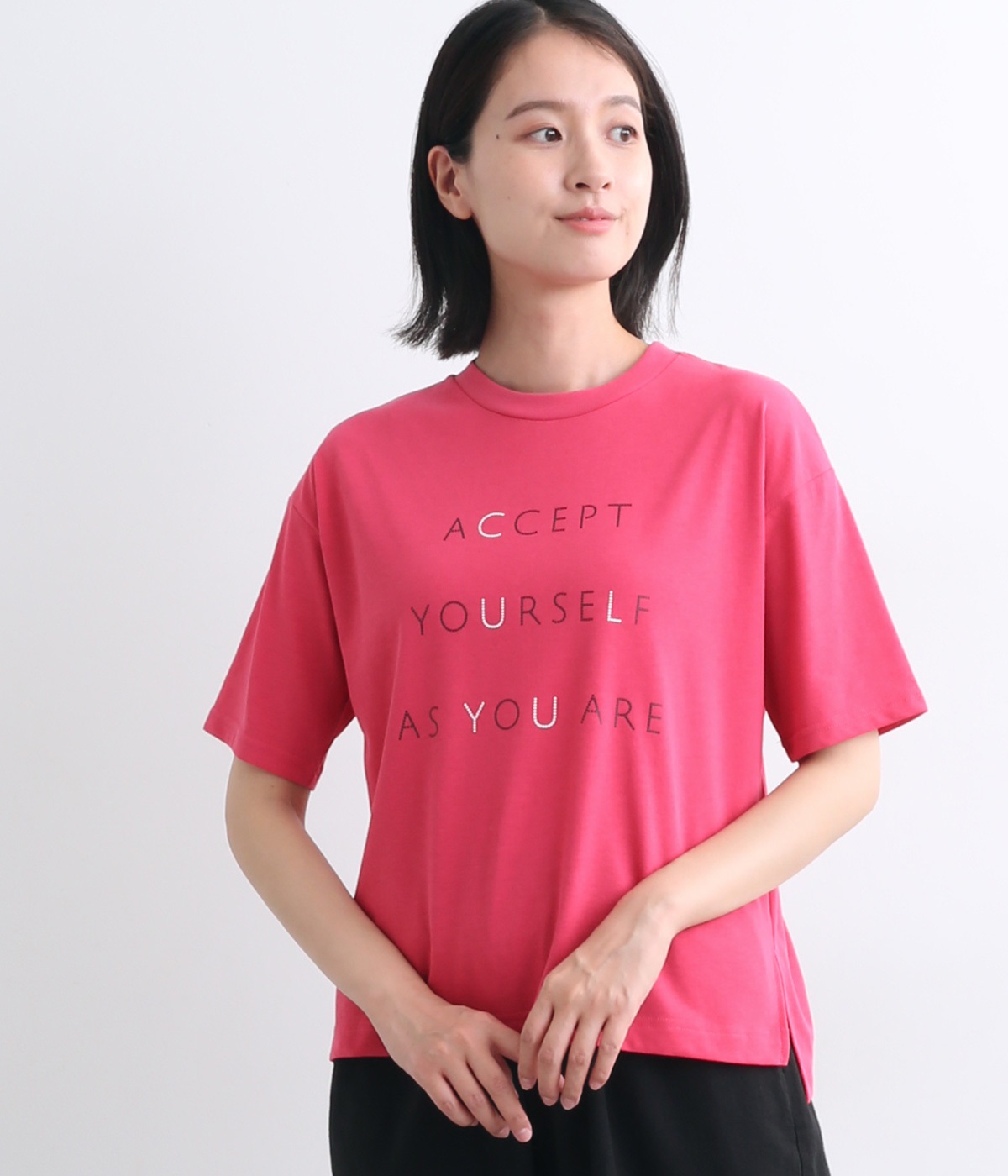 コットンブレンド天竺レタープリントTシャツ(ピンク-L)