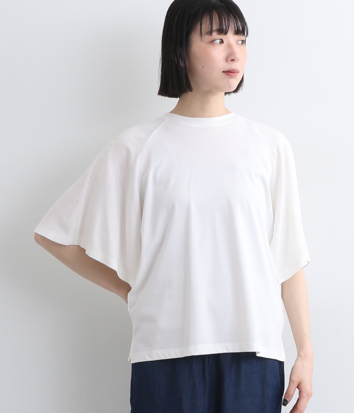 プレーディング天竺レーヨンリネン平織り布帛コンビフレアスリーブTシャツ(オフホワイト-L)