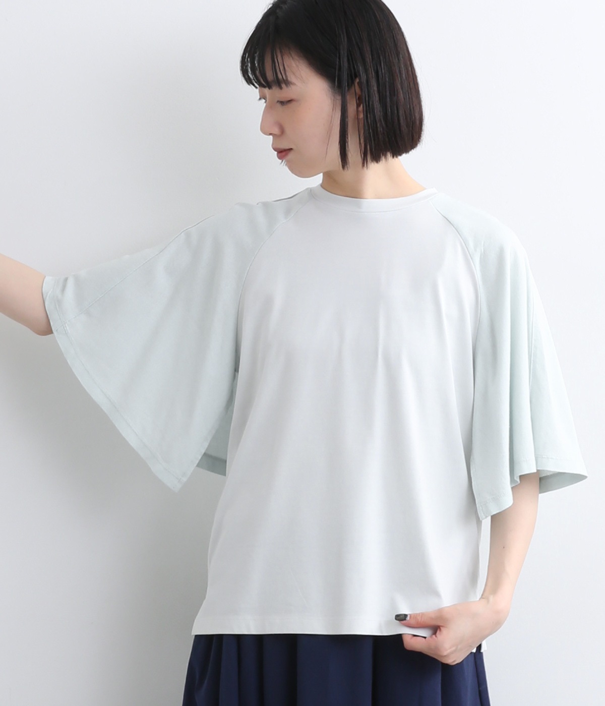 プレーディング天竺レーヨンリネン平織り布帛コンビフレアスリーブTシャツ(ミント-L)