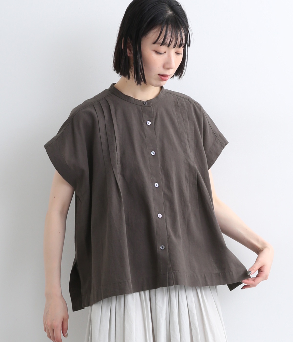 コットンリネン平織りスクエアシャツ(チャコール-ONESIZE)
