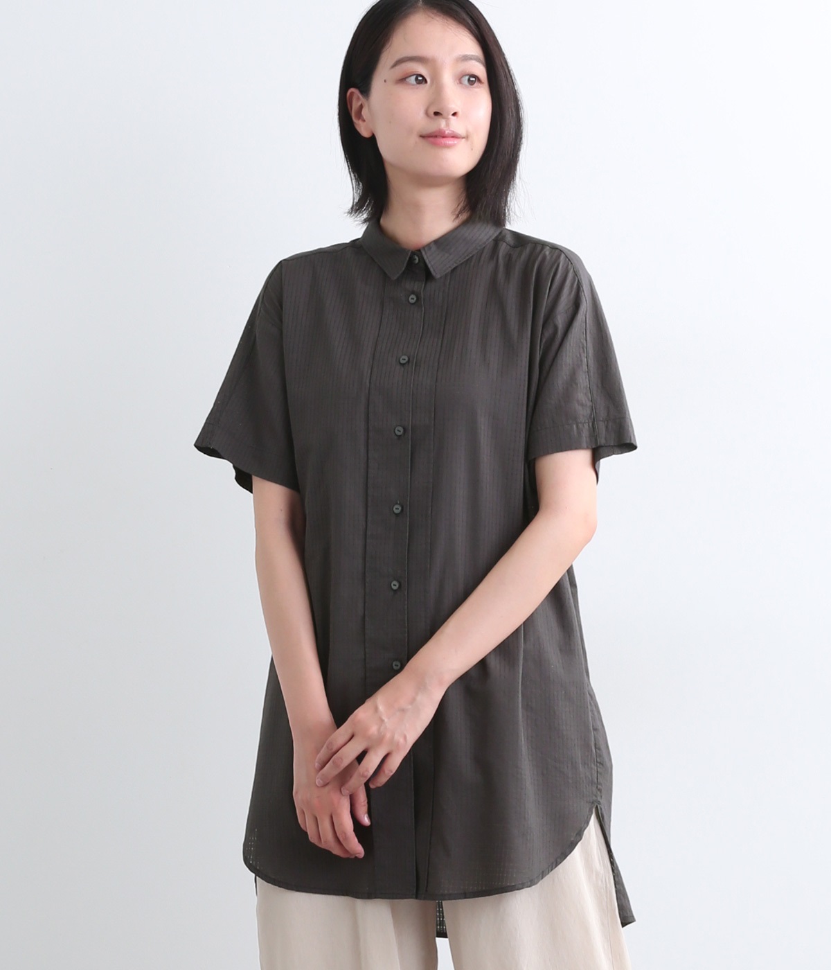 アキハチェックロングシャツ(チャコール-ONESIZE)