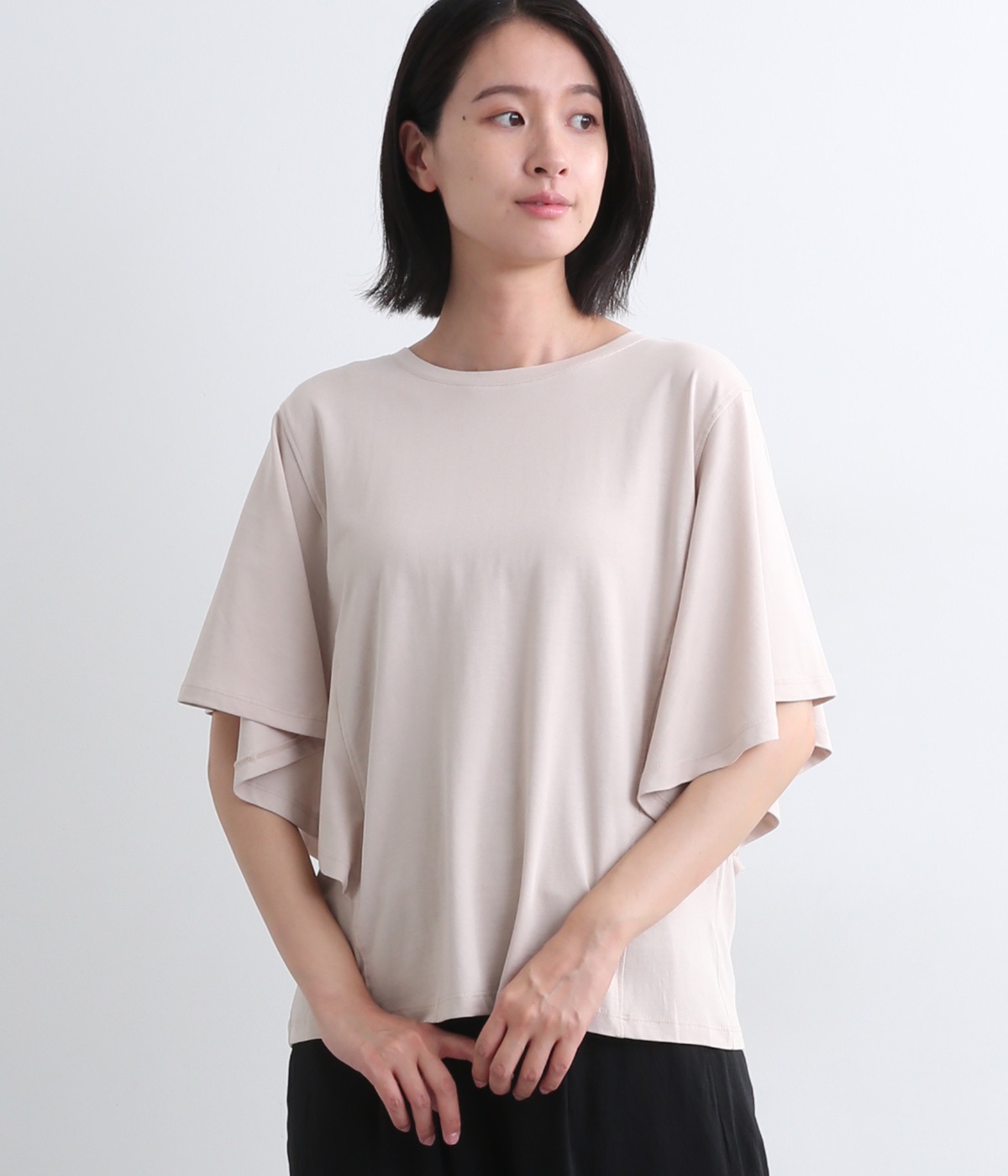 コットン強撚天竺フレアスリーブTシャツ(グレー-L)