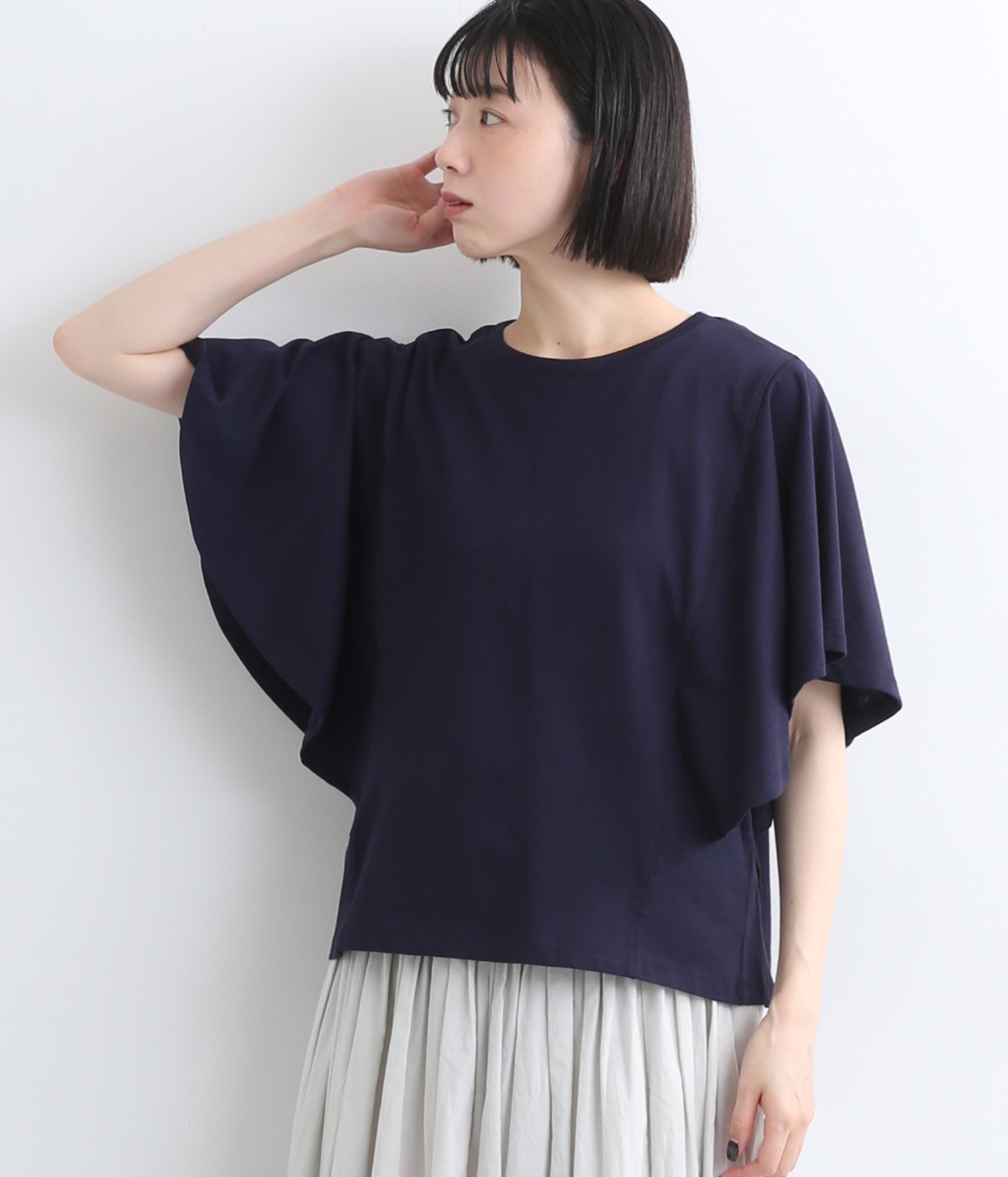 コットン強撚天竺フレアスリーブTシャツ(ネイビー-L)