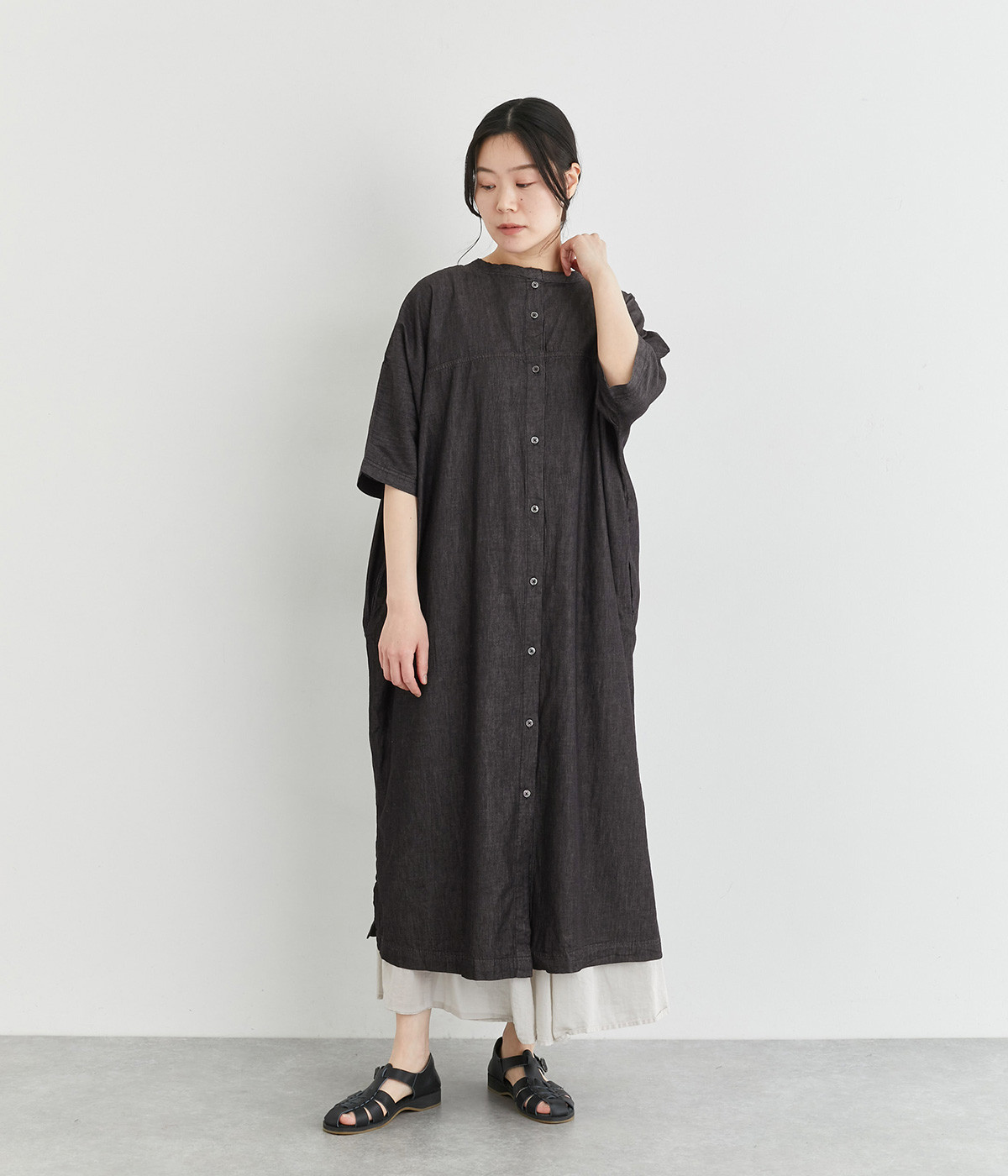 コットンツイル2wayドルマンワンピース(ブラックデニム-ONESIZE)