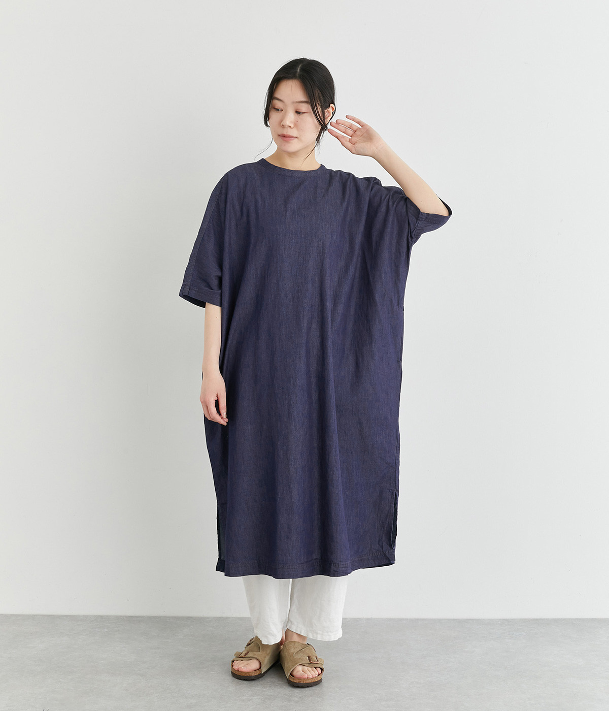 コットンツイル2wayドルマンワンピース(インディゴネイビー-ONESIZE)