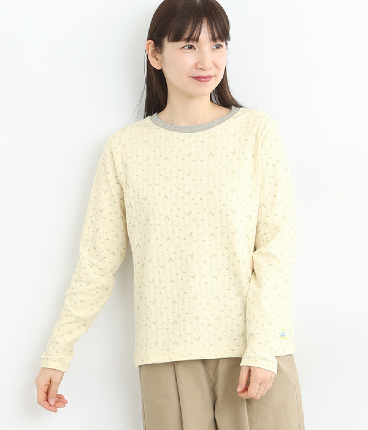 襟配色フラワープリントロングシャツ(アイボリー-L)