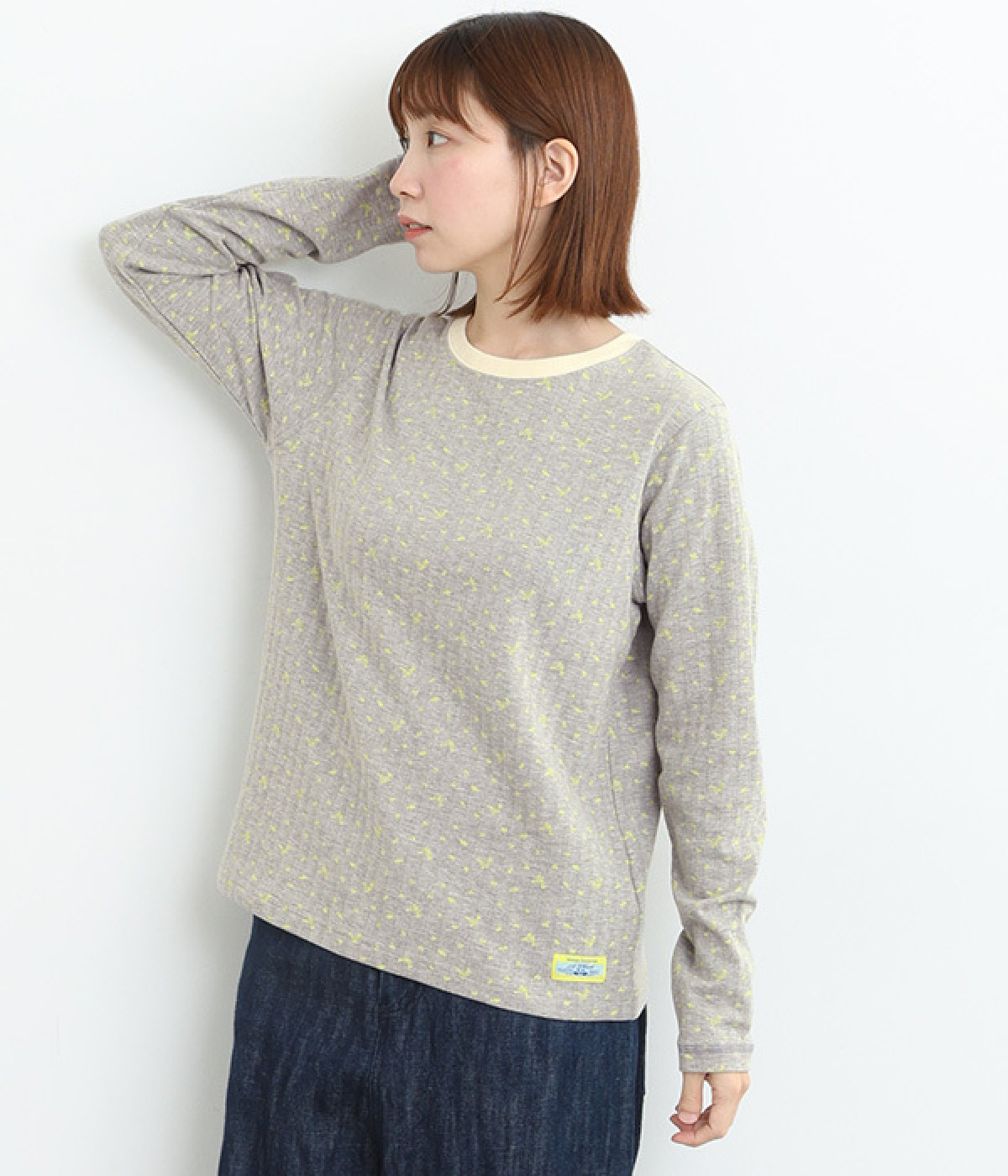 襟配色フラワープリントロングシャツ(グレー-L)