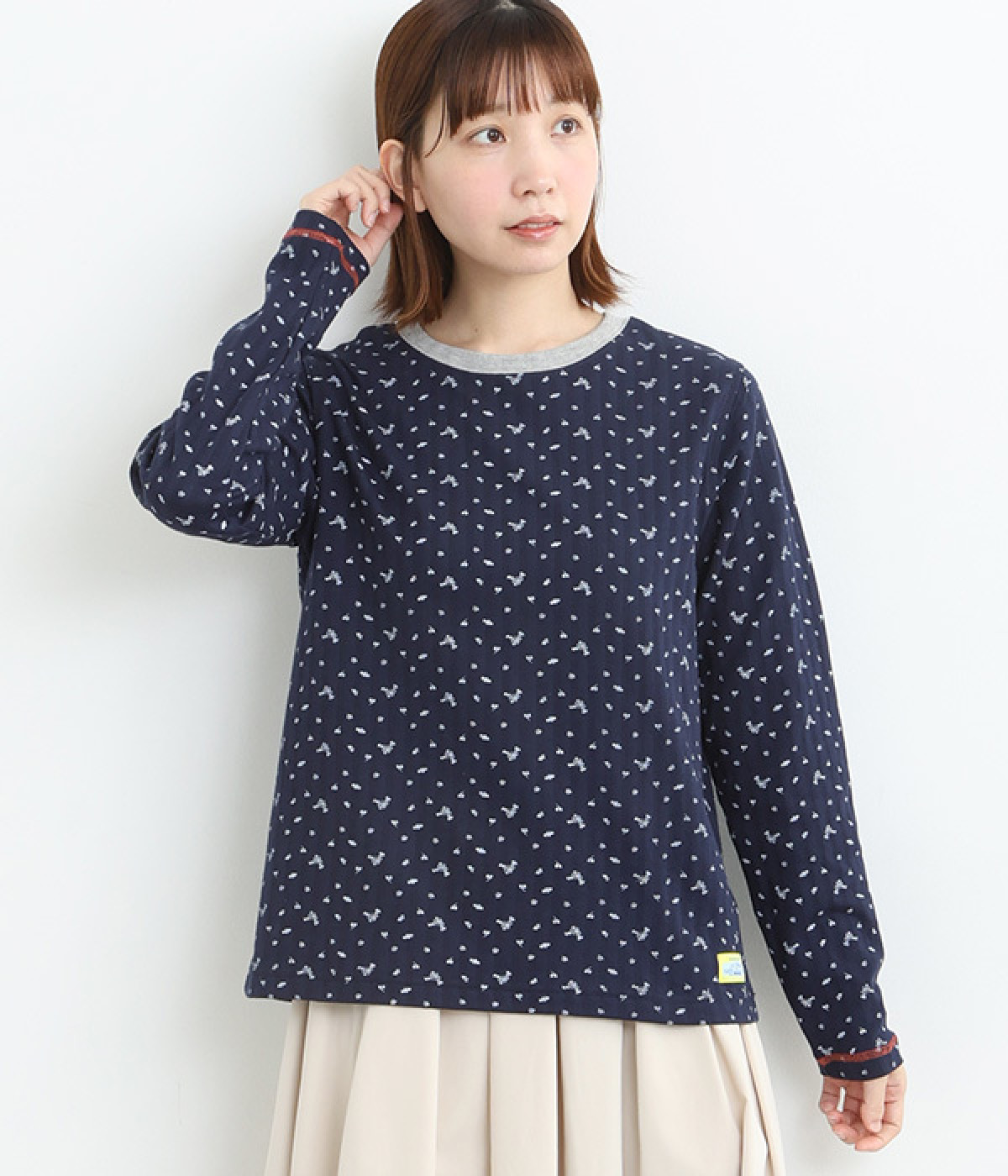 襟配色フラワープリントロングシャツ(ネイビー-L)