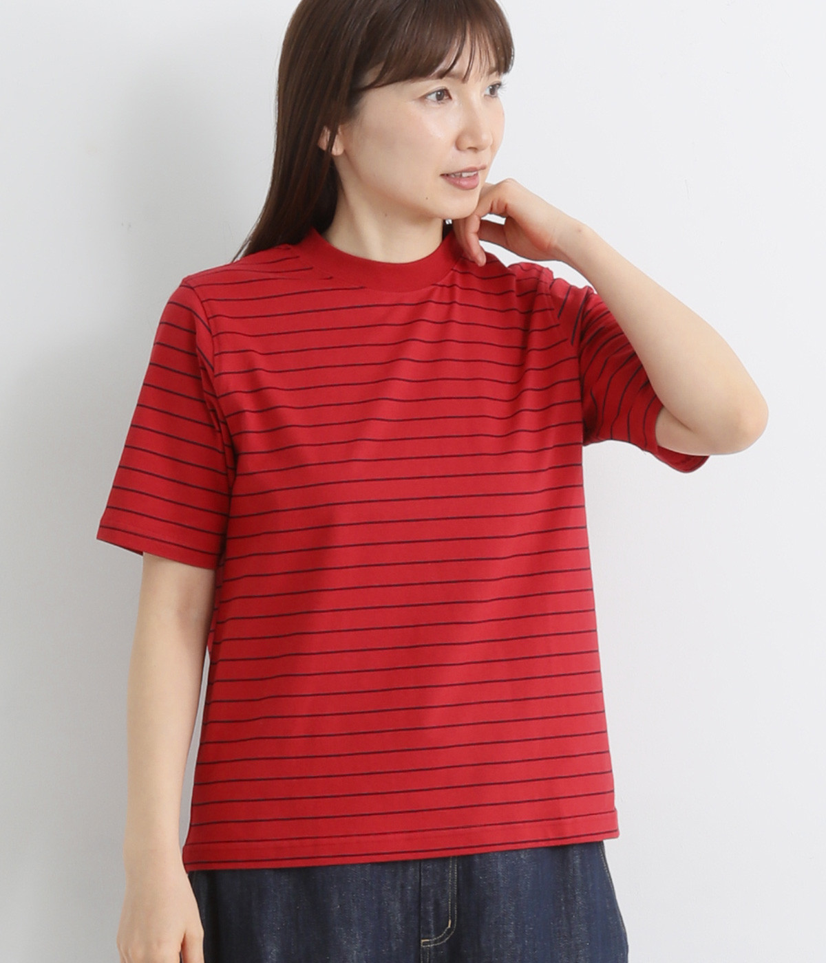 シンプルラインボーダープリントTシャツ(レッド×ネイビー-L)