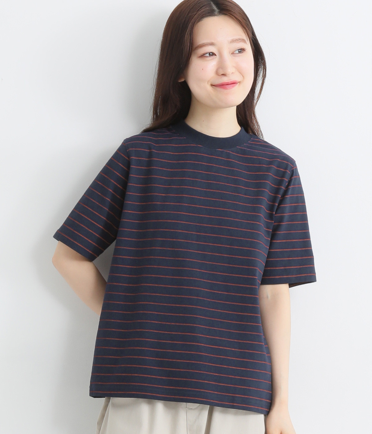 シンプルラインボーダープリントTシャツ(ネイビー×レッド-L)